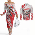 Personalised Sydney Swans Fan Pride Couples Matching Off The Shoulder Long Sleeve Dress and Long Sleeve Button Shirt Fierce Swan Mascot Graphic Art With Sydney City Skyline