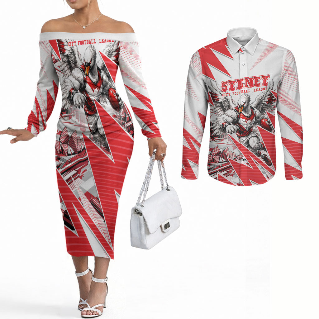 Personalised Sydney Swans Fan Pride Couples Matching Off The Shoulder Long Sleeve Dress and Long Sleeve Button Shirt Fierce Swan Mascot Graphic Art With Sydney City Skyline