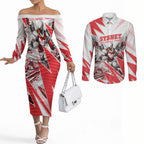 Personalised Sydney Swans Fan Pride Couples Matching Off The Shoulder Long Sleeve Dress and Long Sleeve Button Shirt Fierce Swan Mascot Graphic Art With Sydney City Skyline