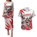 Personalised Sydney Swans Fan Pride Couples Matching Puletasi and Hawaiian Shirt Fierce Swan Mascot Graphic Art With Sydney City Skyline