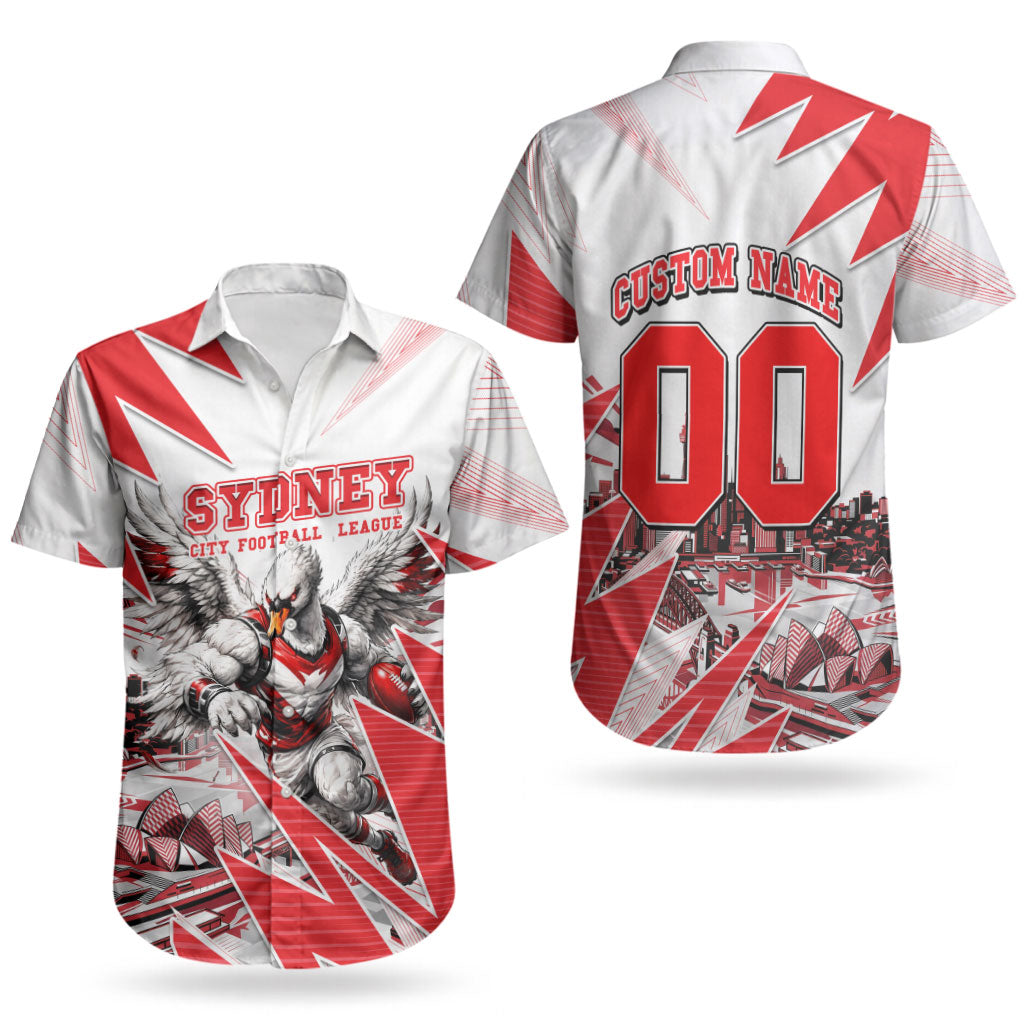 Personalised Sydney Swans Fan Pride Couples Matching Puletasi and Hawaiian Shirt Fierce Swan Mascot Graphic Art With Sydney City Skyline