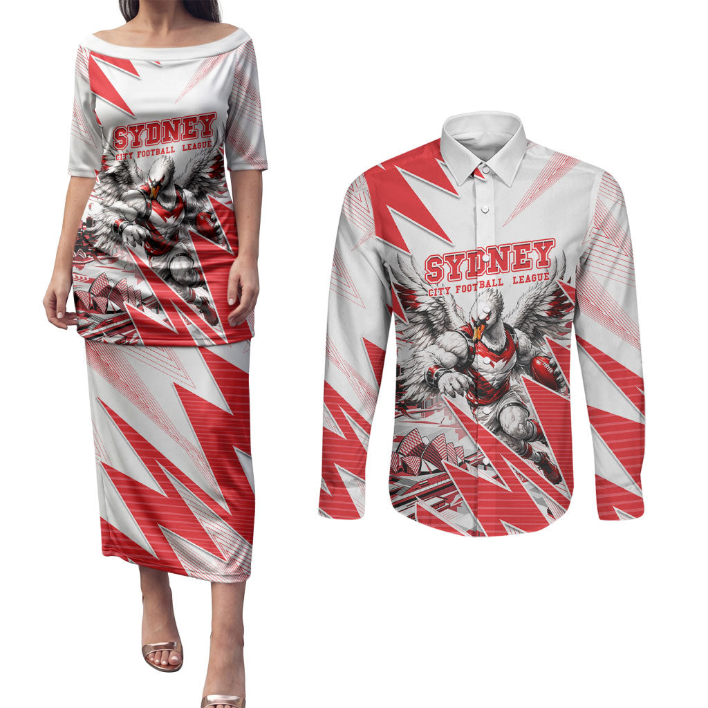Personalised Sydney Swans Fan Pride Couples Matching Puletasi and Long Sleeve Button Shirt Fierce Swan Mascot Graphic Art With Sydney City Skyline