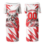 Personalised Sydney Swans Fan Pride Couples Matching Puletasi and Long Sleeve Button Shirt Fierce Swan Mascot Graphic Art With Sydney City Skyline