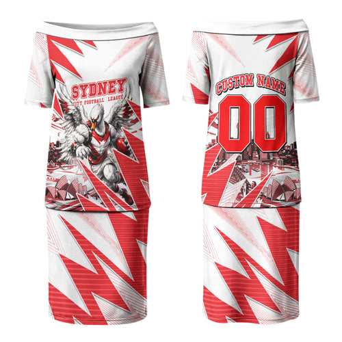 Personalised Sydney Swans Fan Pride Couples Matching Puletasi and Long Sleeve Button Shirt Fierce Swan Mascot Graphic Art With Sydney City Skyline