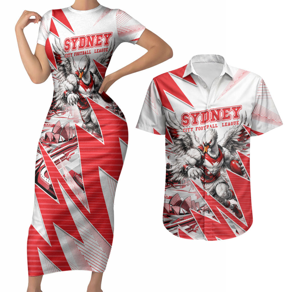 Personalised Sydney Swans Fan Pride Couples Matching Short Sleeve Bodycon Dress and Hawaiian Shirt Fierce Swan Mascot Graphic Art With Sydney City Skyline