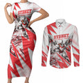 Personalised Sydney Swans Fan Pride Couples Matching Short Sleeve Bodycon Dress and Long Sleeve Button Shirt Fierce Swan Mascot Graphic Art With Sydney City Skyline