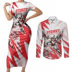 Personalised Sydney Swans Fan Pride Couples Matching Short Sleeve Bodycon Dress and Long Sleeve Button Shirt Fierce Swan Mascot Graphic Art With Sydney City Skyline