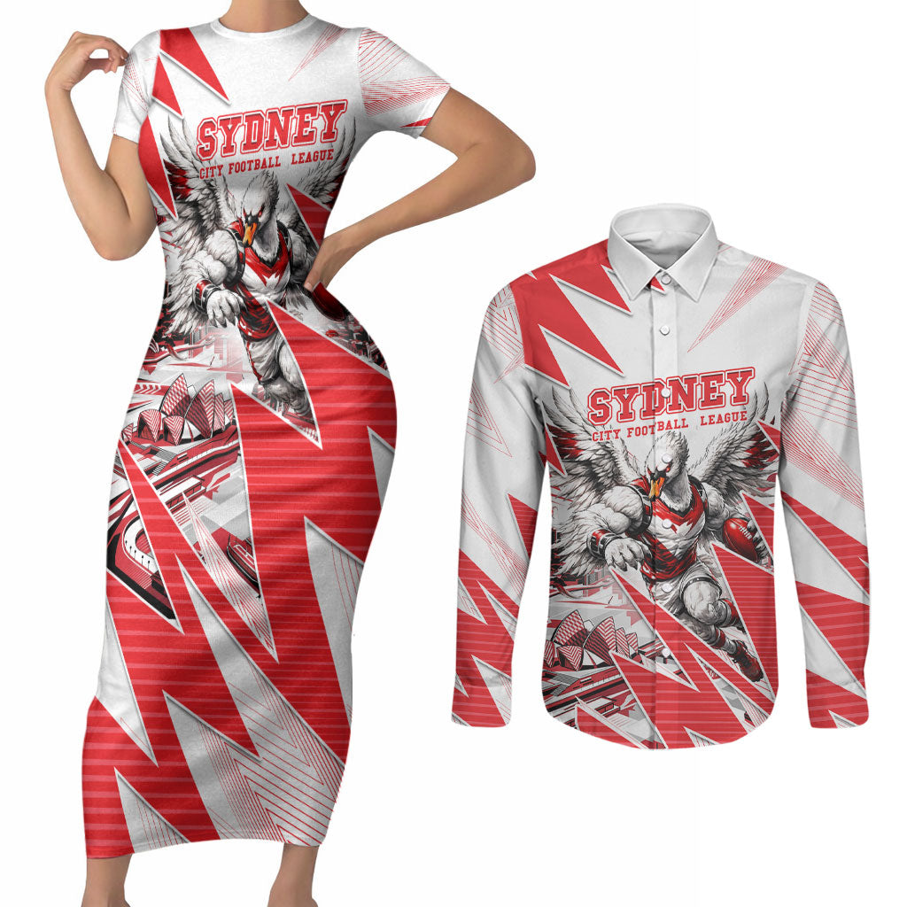 Personalised Sydney Swans Fan Pride Couples Matching Short Sleeve Bodycon Dress and Long Sleeve Button Shirt Fierce Swan Mascot Graphic Art With Sydney City Skyline