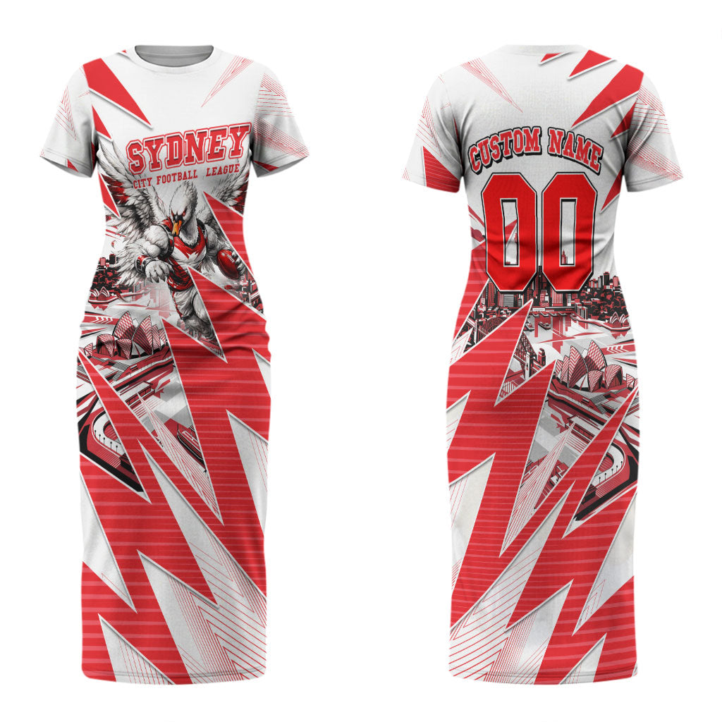 Personalised Sydney Swans Fan Pride Couples Matching Short Sleeve Bodycon Dress and Long Sleeve Button Shirt Fierce Swan Mascot Graphic Art With Sydney City Skyline