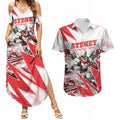 Personalised Sydney Swans Fan Pride Couples Matching Summer Maxi Dress and Hawaiian Shirt Fierce Swan Mascot Graphic Art With Sydney City Skyline