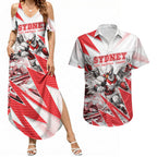 Personalised Sydney Swans Fan Pride Couples Matching Summer Maxi Dress and Hawaiian Shirt Fierce Swan Mascot Graphic Art With Sydney City Skyline