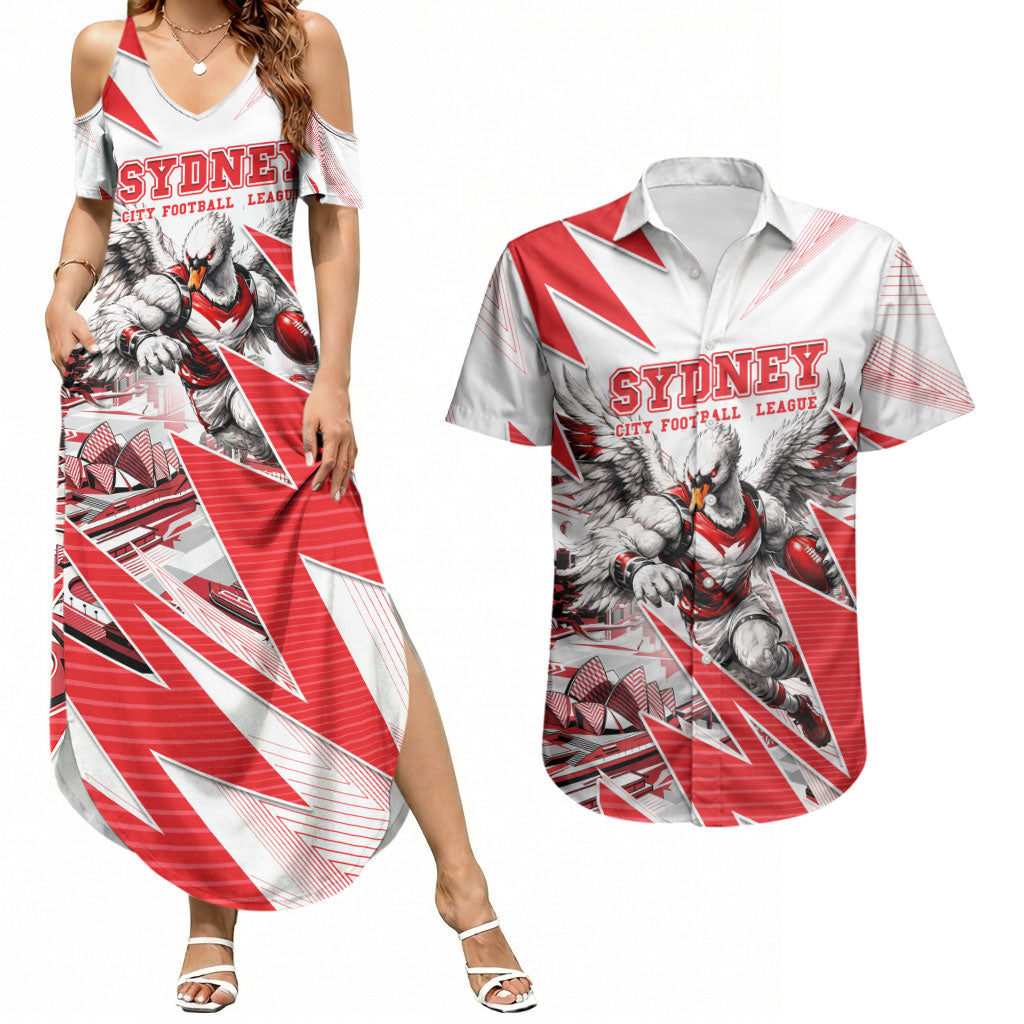 Personalised Sydney Swans Fan Pride Couples Matching Summer Maxi Dress and Hawaiian Shirt Fierce Swan Mascot Graphic Art With Sydney City Skyline