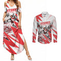 Personalised Sydney Swans Fan Pride Couples Matching Summer Maxi Dress and Long Sleeve Button Shirt Fierce Swan Mascot Graphic Art With Sydney City Skyline