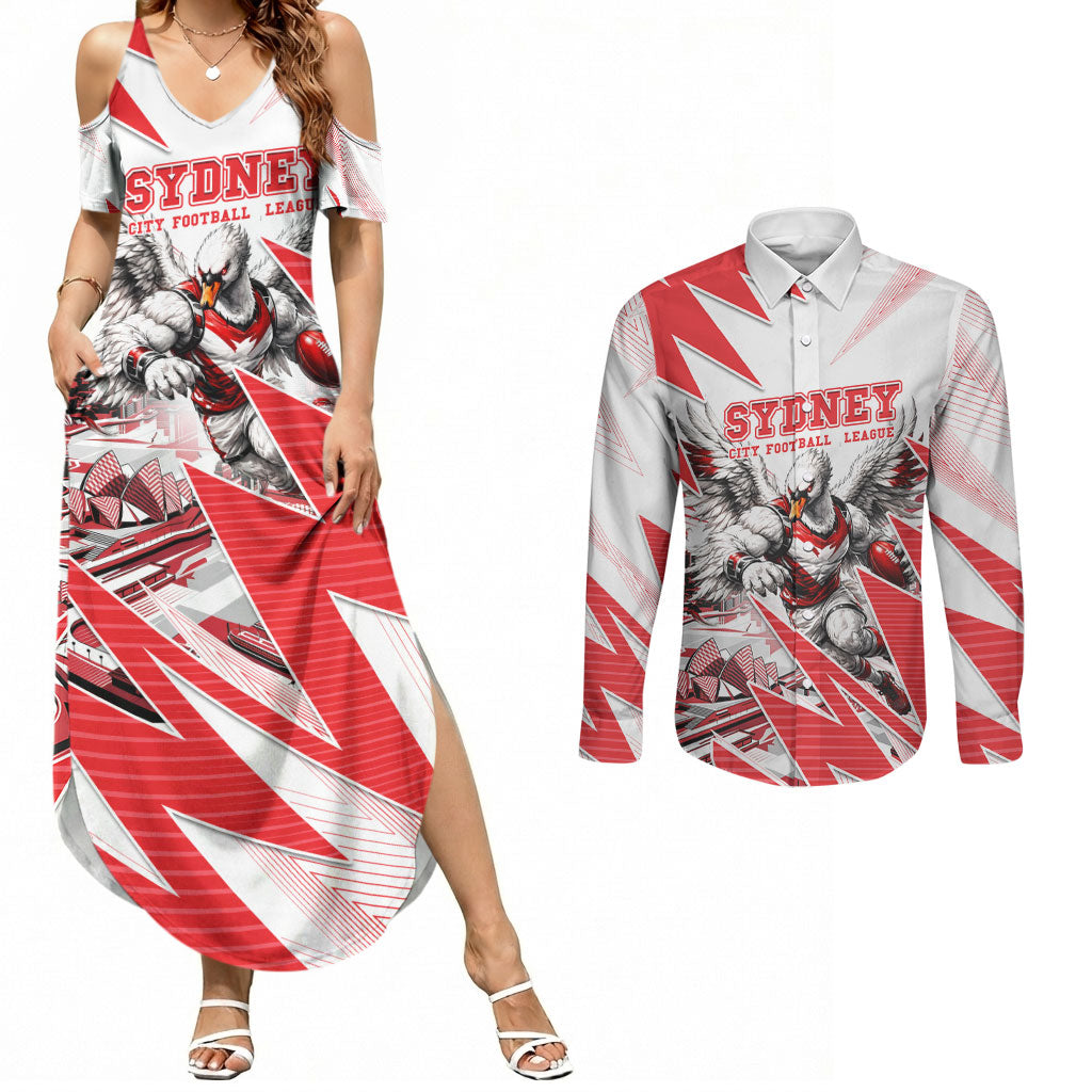 Personalised Sydney Swans Fan Pride Couples Matching Summer Maxi Dress and Long Sleeve Button Shirt Fierce Swan Mascot Graphic Art With Sydney City Skyline