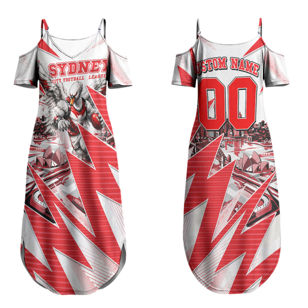 Personalised Sydney Swans Fan Pride Couples Matching Summer Maxi Dress and Long Sleeve Button Shirt Fierce Swan Mascot Graphic Art With Sydney City Skyline
