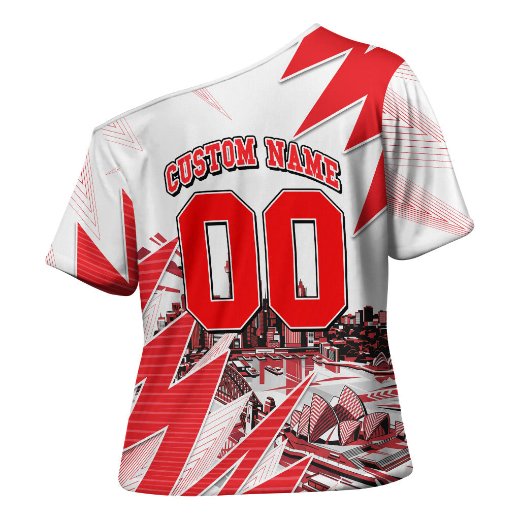 Personalised Sydney Swans Fan Pride Cross Shoulder Shirt Fierce Swan Mascot Graphic Art With Sydney City Skyline