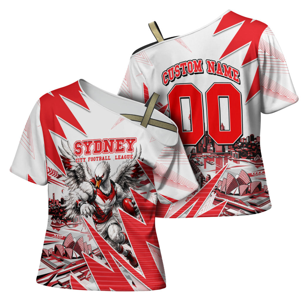 Personalised Sydney Swans Fan Pride Cross Shoulder Shirt Fierce Swan Mascot Graphic Art With Sydney City Skyline