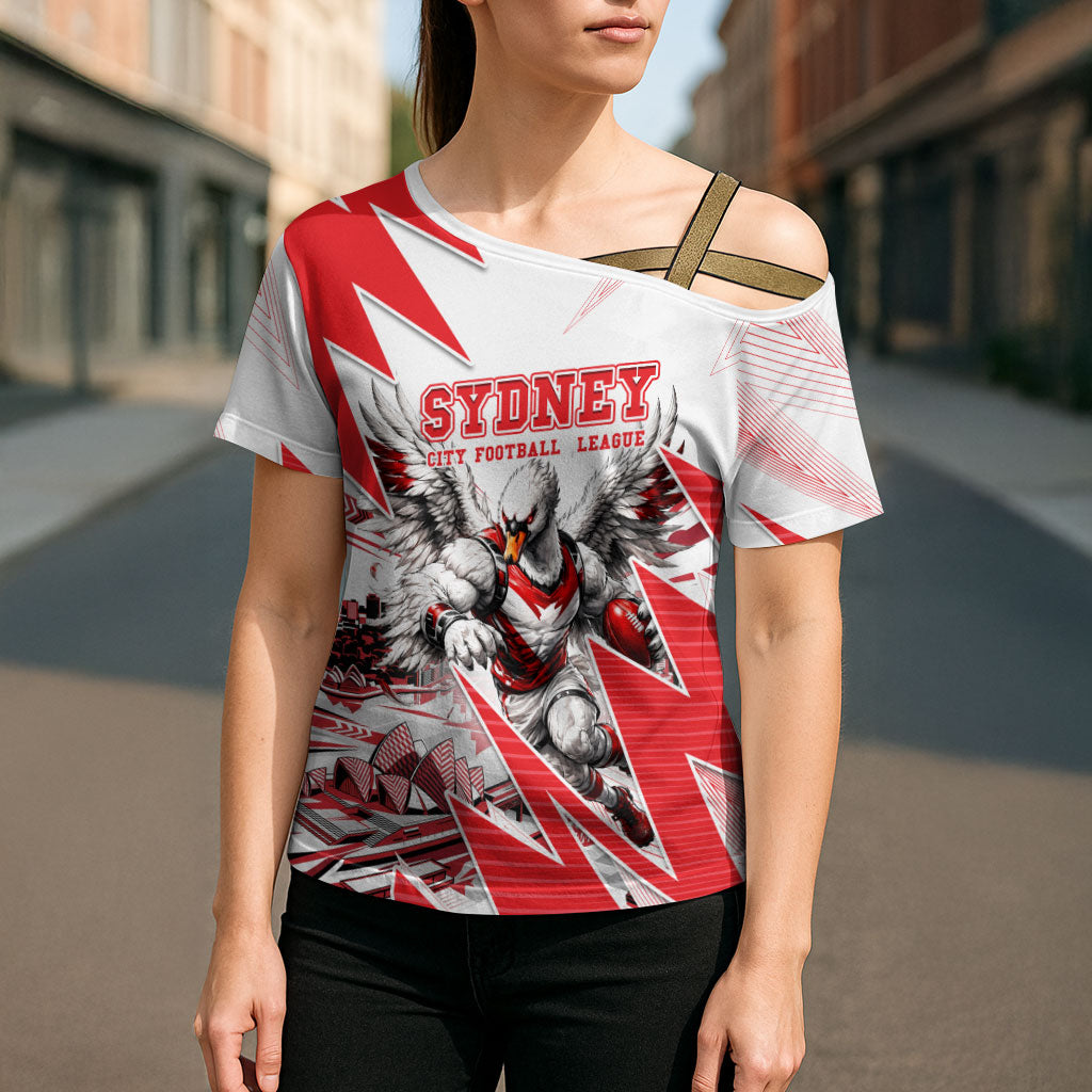 Personalised Sydney Swans Fan Pride Cross Shoulder Shirt Fierce Swan Mascot Graphic Art With Sydney City Skyline