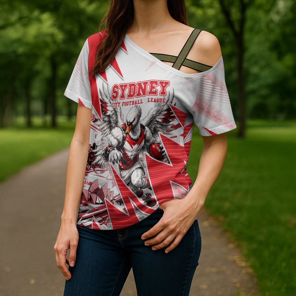 Personalised Sydney Swans Fan Pride Cross Shoulder Shirt Fierce Swan Mascot Graphic Art With Sydney City Skyline