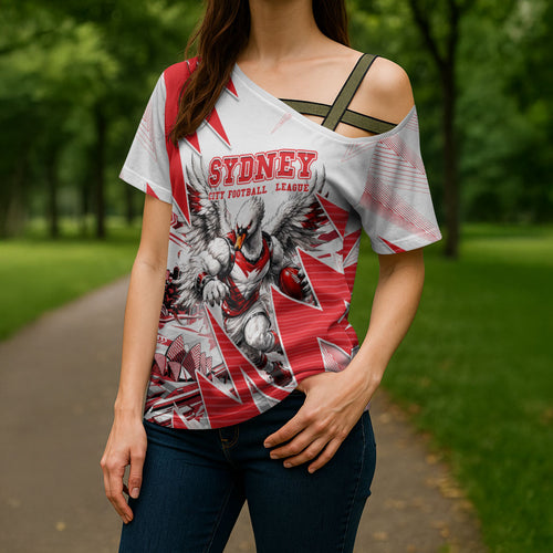 Personalised Sydney Swans Fan Pride Cross Shoulder Shirt Fierce Swan Mascot Graphic Art With Sydney City Skyline