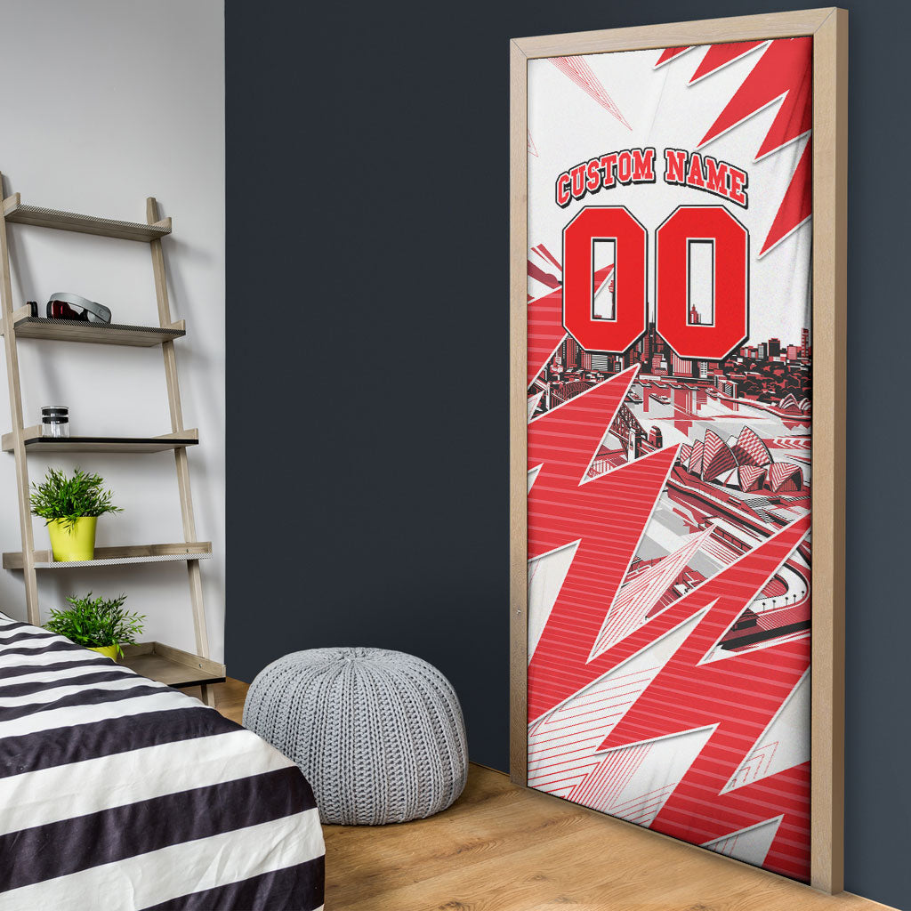 Personalised Sydney Swans Fan Pride Door Cover Fierce Swan Mascot Graphic Art With Sydney City Skyline