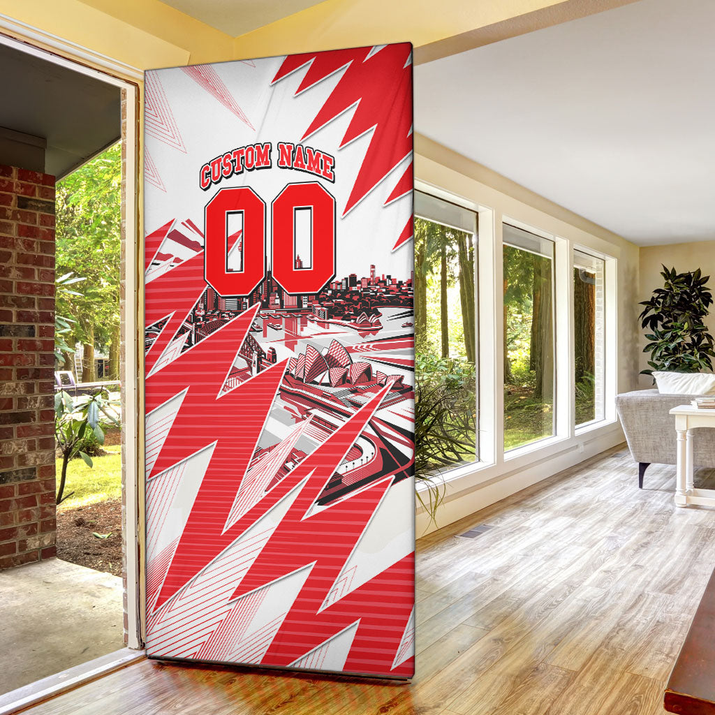 Personalised Sydney Swans Fan Pride Door Cover Fierce Swan Mascot Graphic Art With Sydney City Skyline