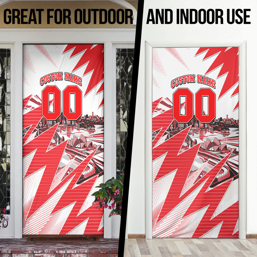 Personalised Sydney Swans Fan Pride Door Cover Fierce Swan Mascot Graphic Art With Sydney City Skyline