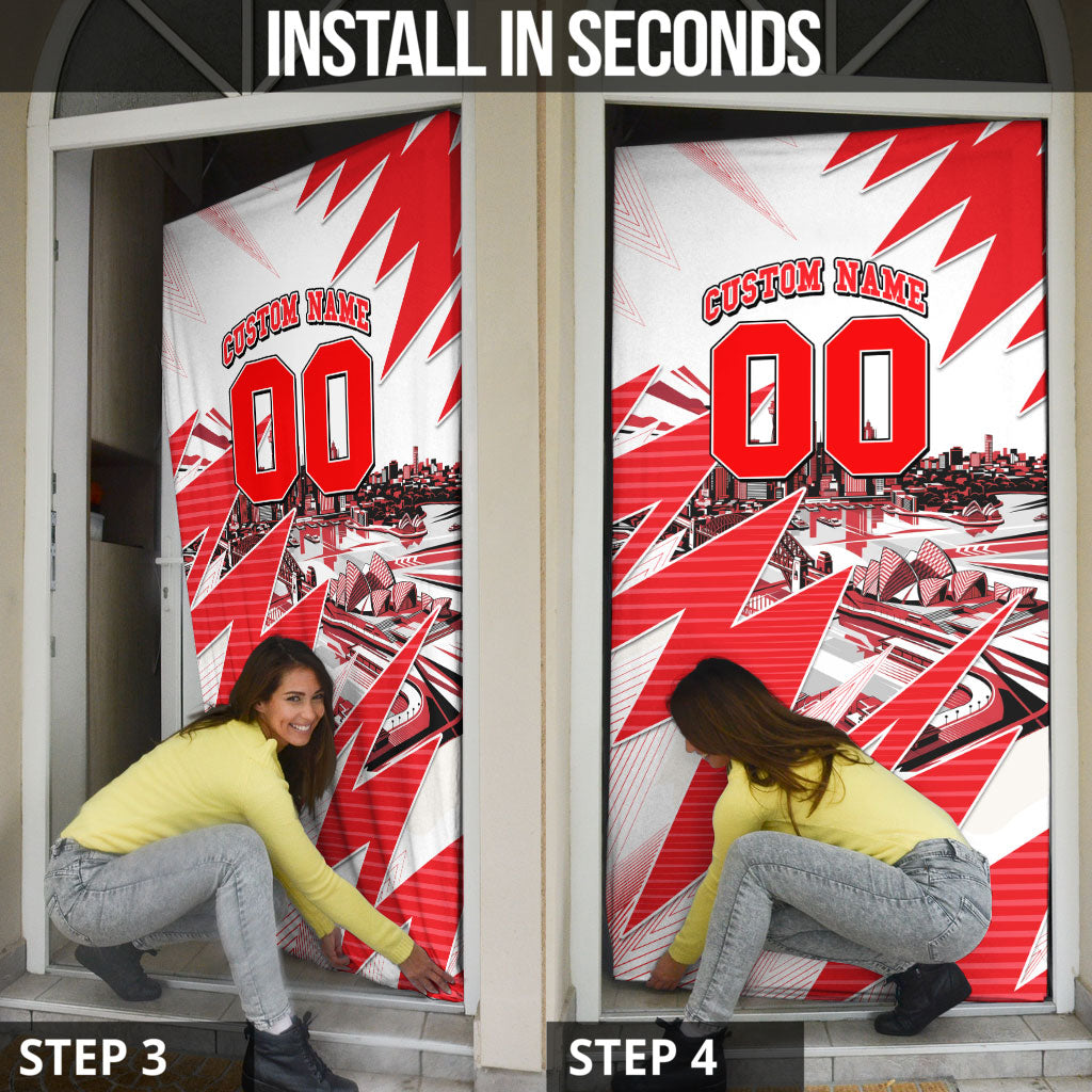 Personalised Sydney Swans Fan Pride Door Cover Fierce Swan Mascot Graphic Art With Sydney City Skyline