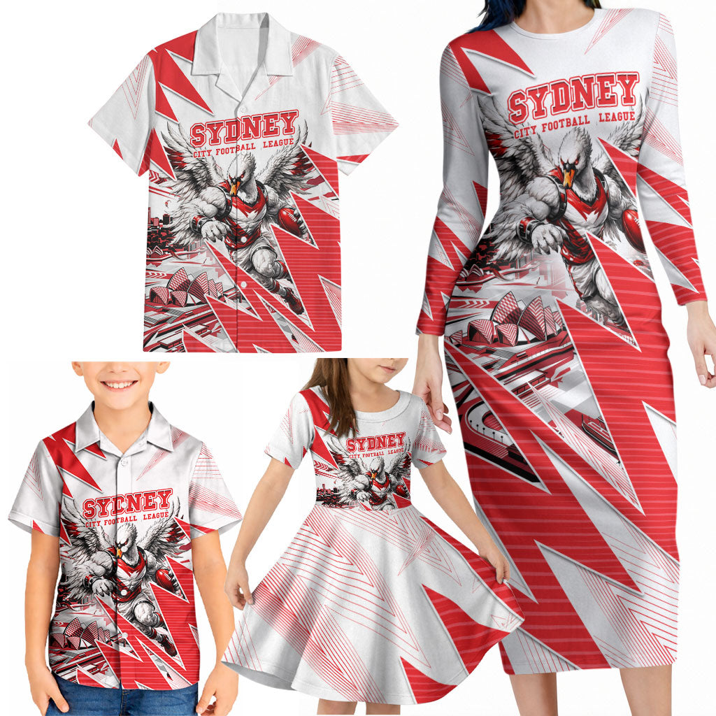 Personalised Sydney Swans Fan Pride Family Matching Long Sleeve Bodycon Dress and Hawaiian Shirt Fierce Swan Mascot Graphic Art With Sydney City Skyline