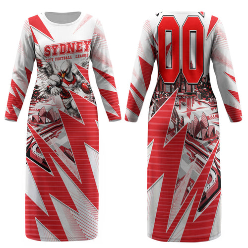 Personalised Sydney Swans Fan Pride Family Matching Long Sleeve Bodycon Dress and Hawaiian Shirt Fierce Swan Mascot Graphic Art With Sydney City Skyline