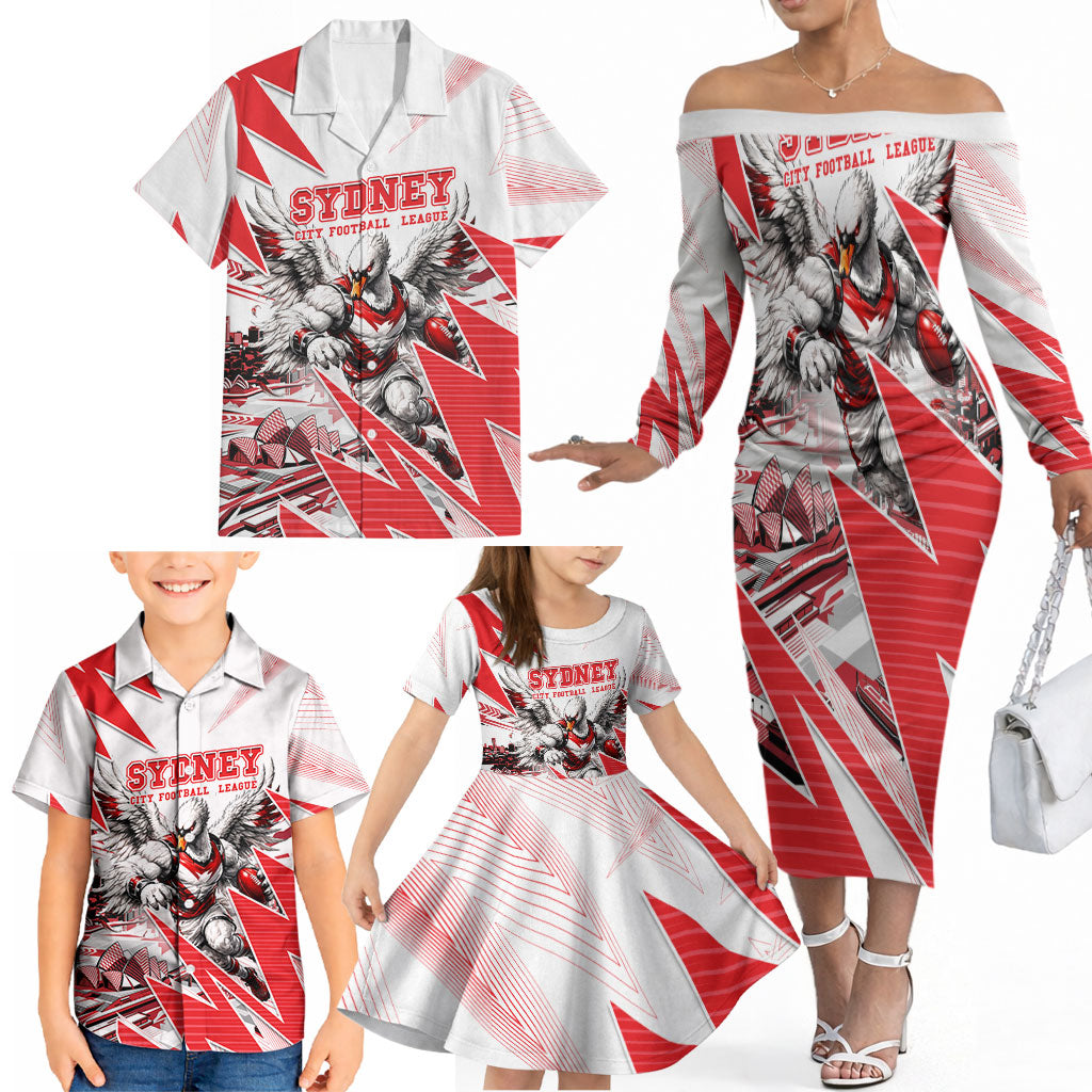 Personalised Sydney Swans Fan Pride Family Matching Off The Shoulder Long Sleeve Dress and Hawaiian Shirt Fierce Swan Mascot Graphic Art With Sydney City Skyline