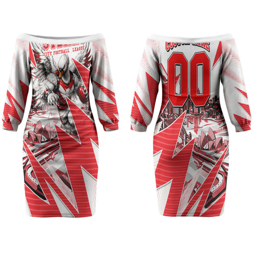 Personalised Sydney Swans Fan Pride Family Matching Off The Shoulder Long Sleeve Dress and Hawaiian Shirt Fierce Swan Mascot Graphic Art With Sydney City Skyline