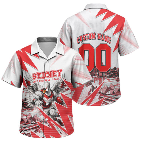 Personalised Sydney Swans Fan Pride Family Matching Off The Shoulder Long Sleeve Dress and Hawaiian Shirt Fierce Swan Mascot Graphic Art With Sydney City Skyline