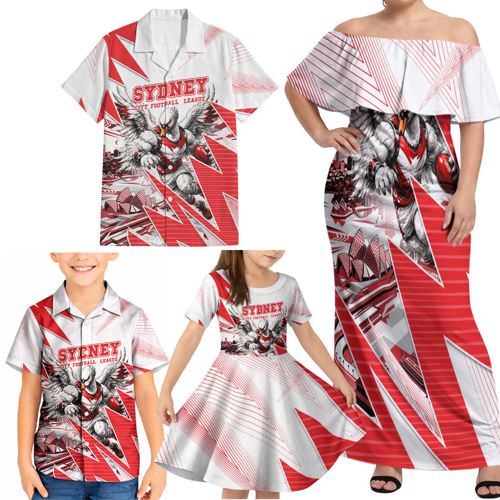Personalised Sydney Swans Fan Pride Family Matching Off Shoulder Maxi Dress and Hawaiian Shirt Fierce Swan Mascot Graphic Art With Sydney City Skyline