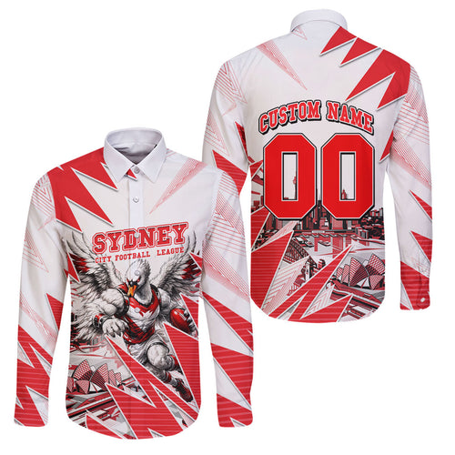 Personalised Sydney Swans Fan Pride Family Matching Off Shoulder Maxi Dress and Hawaiian Shirt Fierce Swan Mascot Graphic Art With Sydney City Skyline