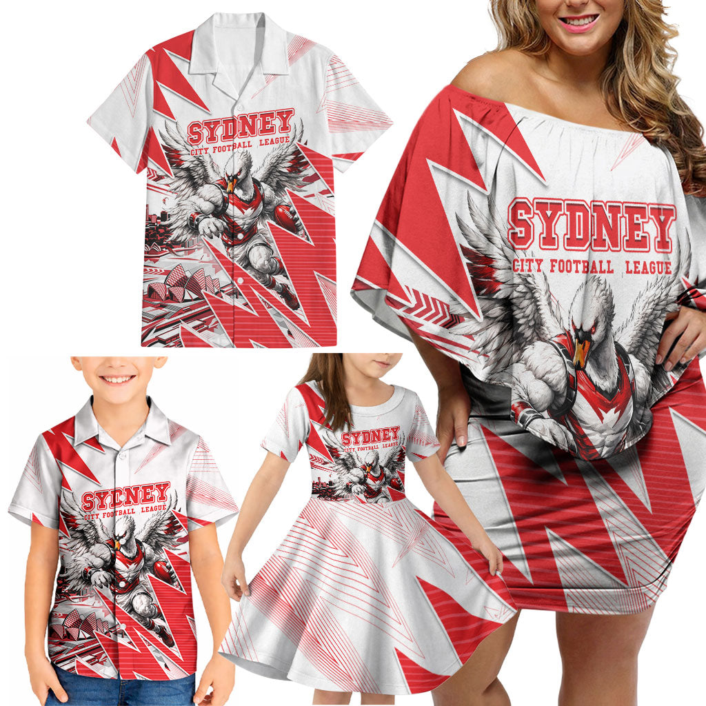 Personalised Sydney Swans Fan Pride Family Matching Off Shoulder Short Dress and Hawaiian Shirt Fierce Swan Mascot Graphic Art With Sydney City Skyline