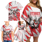 Personalised Sydney Swans Fan Pride Family Matching Off Shoulder Short Dress and Hawaiian Shirt Fierce Swan Mascot Graphic Art With Sydney City Skyline