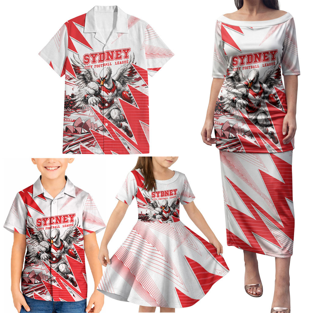 Personalised Sydney Swans Fan Pride Family Matching Puletasi and Hawaiian Shirt Fierce Swan Mascot Graphic Art With Sydney City Skyline