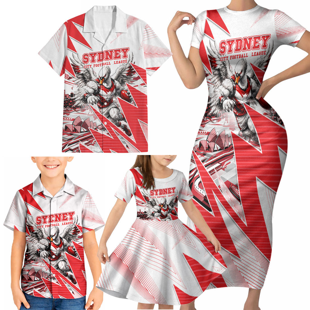 Personalised Sydney Swans Fan Pride Family Matching Short Sleeve Bodycon Dress and Hawaiian Shirt Fierce Swan Mascot Graphic Art With Sydney City Skyline