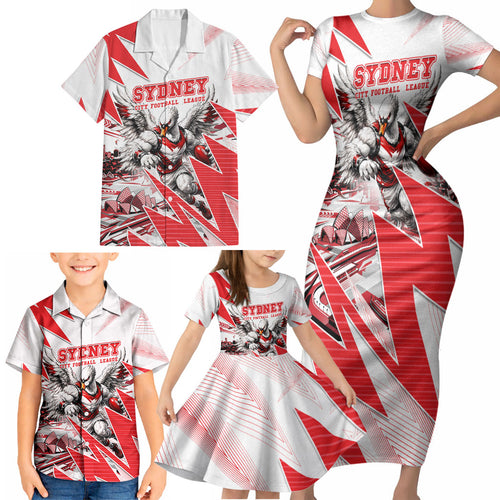 Personalised Sydney Swans Fan Pride Family Matching Short Sleeve Bodycon Dress and Hawaiian Shirt Fierce Swan Mascot Graphic Art With Sydney City Skyline