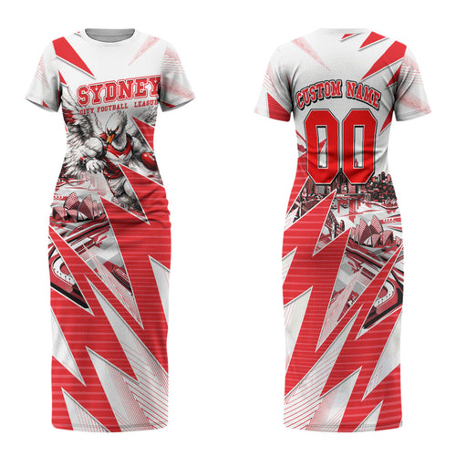 Personalised Sydney Swans Fan Pride Family Matching Short Sleeve Bodycon Dress and Hawaiian Shirt Fierce Swan Mascot Graphic Art With Sydney City Skyline