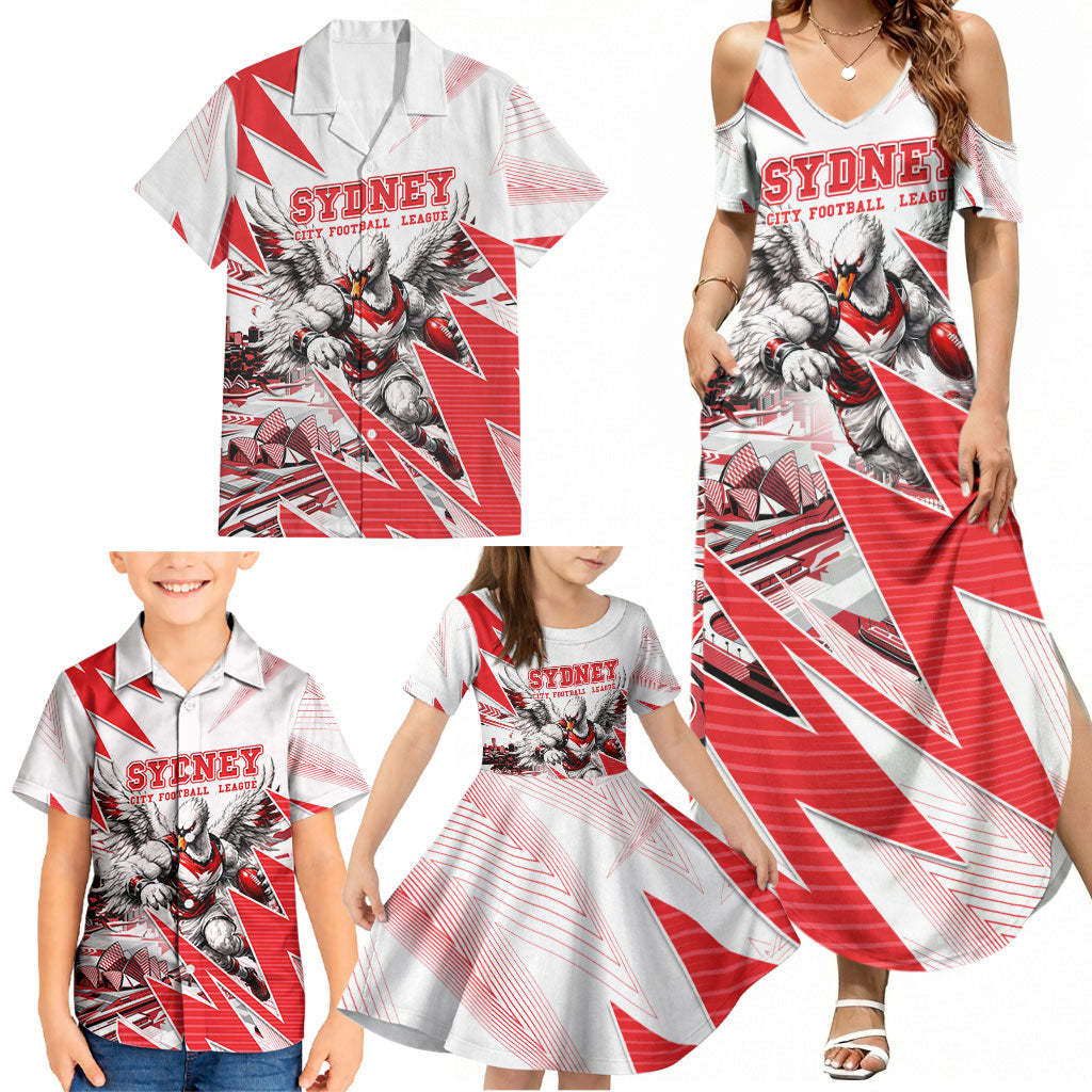 Personalised Sydney Swans Fan Pride Family Matching Summer Maxi Dress and Hawaiian Shirt Fierce Swan Mascot Graphic Art With Sydney City Skyline