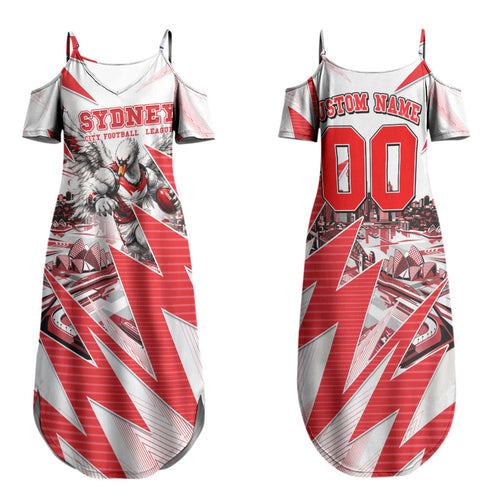 Personalised Sydney Swans Fan Pride Family Matching Summer Maxi Dress and Hawaiian Shirt Fierce Swan Mascot Graphic Art With Sydney City Skyline