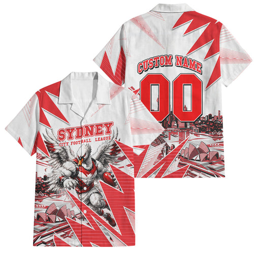 Personalised Sydney Swans Fan Pride Family Matching Summer Maxi Dress and Hawaiian Shirt Fierce Swan Mascot Graphic Art With Sydney City Skyline