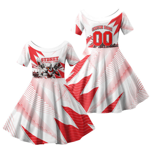 Personalised Sydney Swans Fan Pride Family Matching Summer Maxi Dress and Hawaiian Shirt Fierce Swan Mascot Graphic Art With Sydney City Skyline