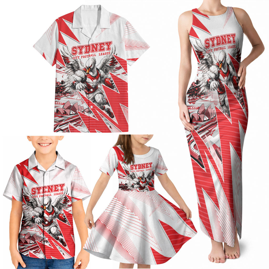 Personalised Sydney Swans Fan Pride Family Matching Tank Maxi Dress and Hawaiian Shirt Fierce Swan Mascot Graphic Art With Sydney City Skyline