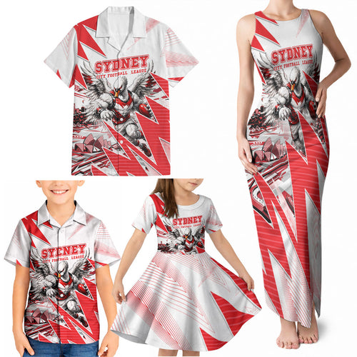Personalised Sydney Swans Fan Pride Family Matching Tank Maxi Dress and Hawaiian Shirt Fierce Swan Mascot Graphic Art With Sydney City Skyline