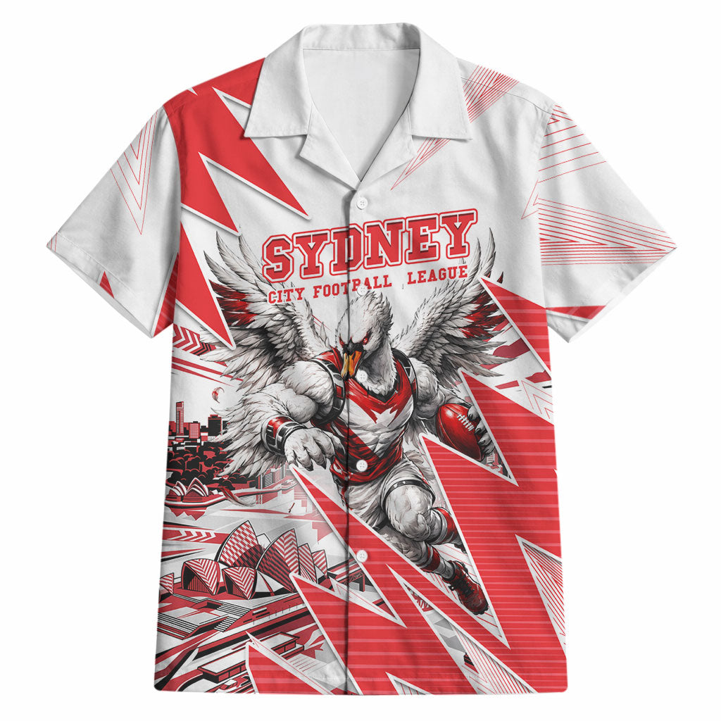 Personalised Sydney Swans Fan Pride Hawaiian Shirt Fierce Swan Mascot Graphic Art With Sydney City Skyline