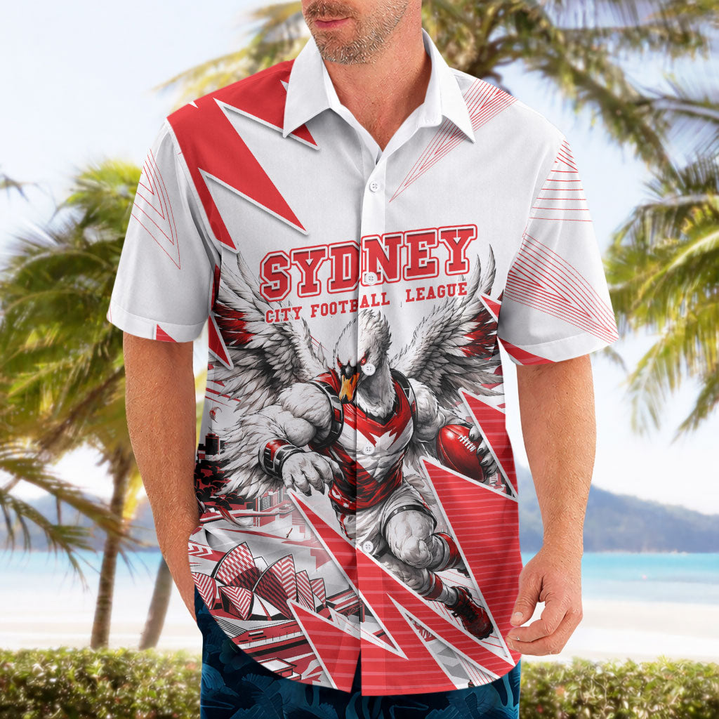 Personalised Sydney Swans Fan Pride Hawaiian Shirt Fierce Swan Mascot Graphic Art With Sydney City Skyline