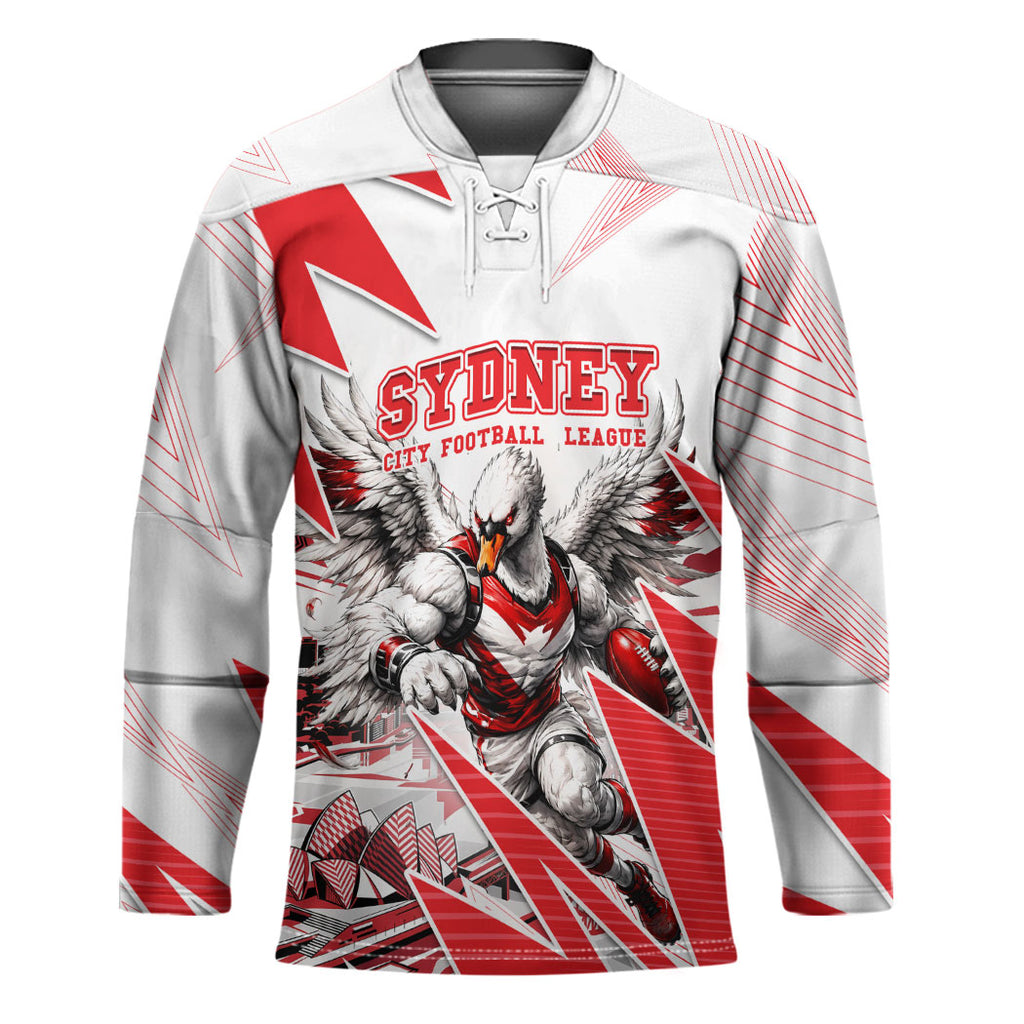 Personalised Sydney Swans Fan Pride Hockey Jersey Fierce Swan Mascot Graphic Art With Sydney City Skyline